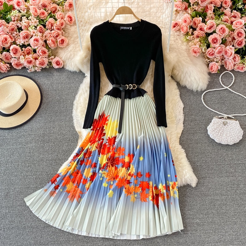 Elegant Knitted Patchwork Contrast Color Pleated Dress