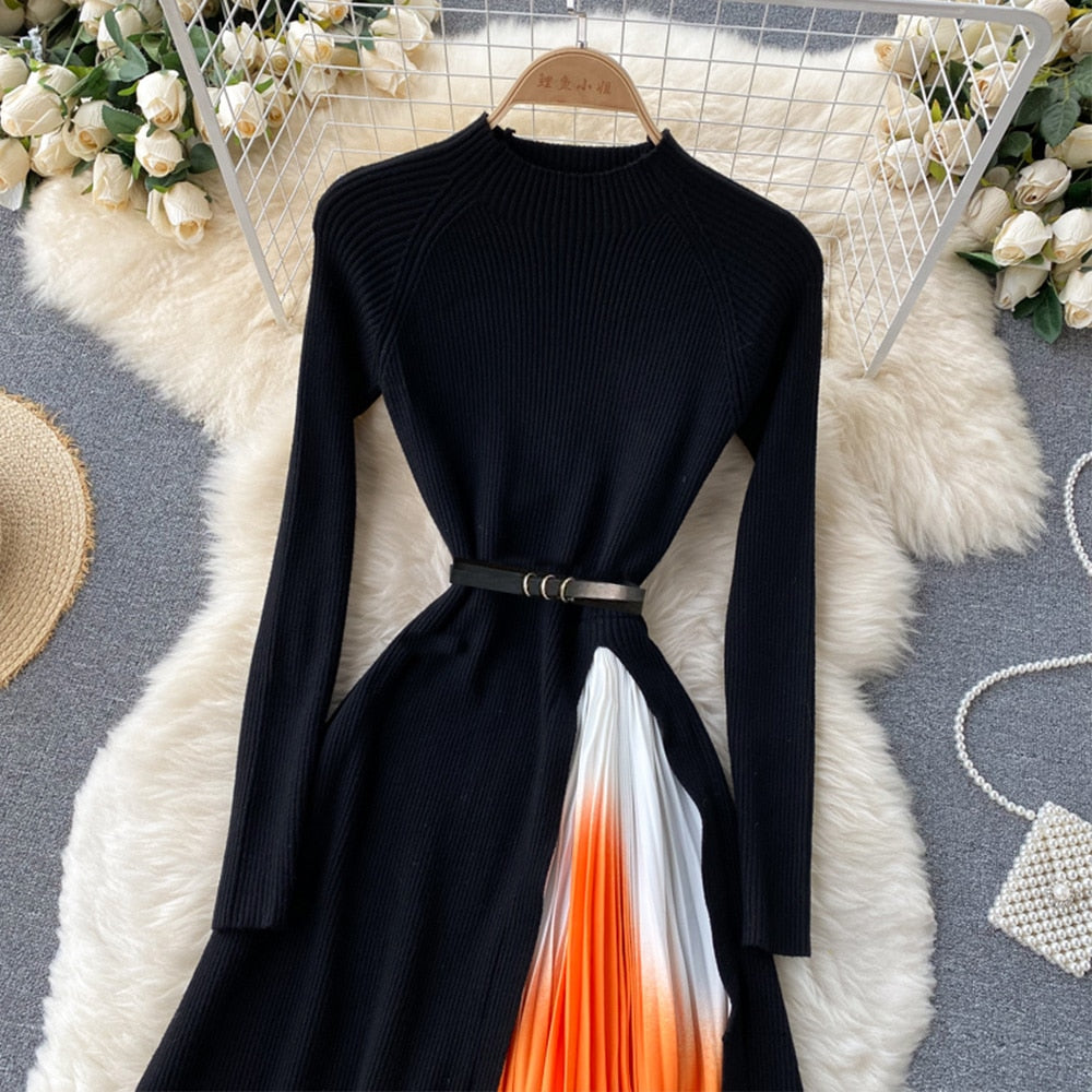 Elegant Knitted Retro Print Pleated Dress