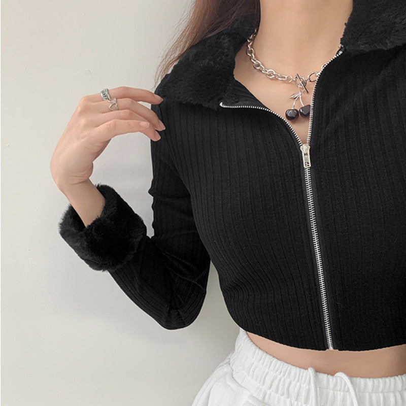 Women Fur Collar Slim Cardigan