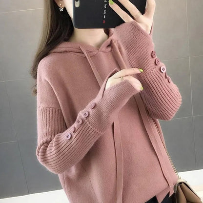 Women Loose Solid Button Pullover