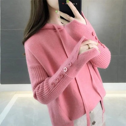 Women Loose Solid Button Pullover