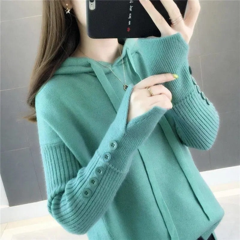 Women Loose Solid Button Pullover