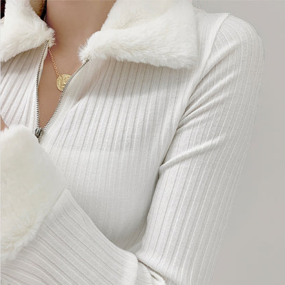 Women Fur Collar Slim Cardigan