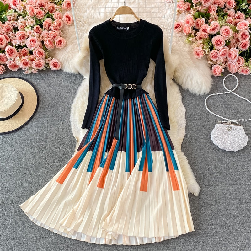 Elegant Knitted Patchwork Contrast Color Pleated Dress