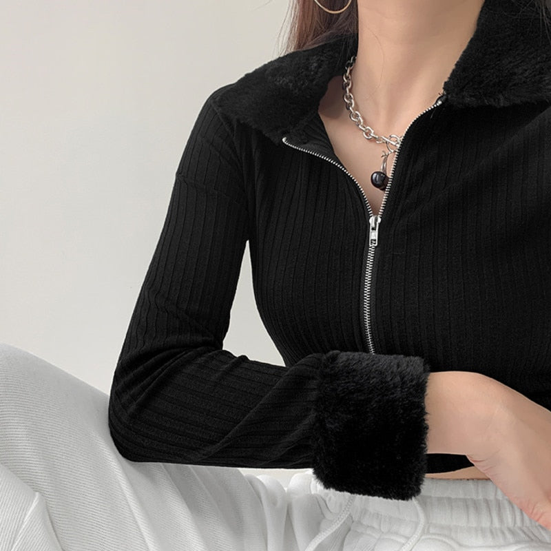 Women Fur Collar Slim Cardigan