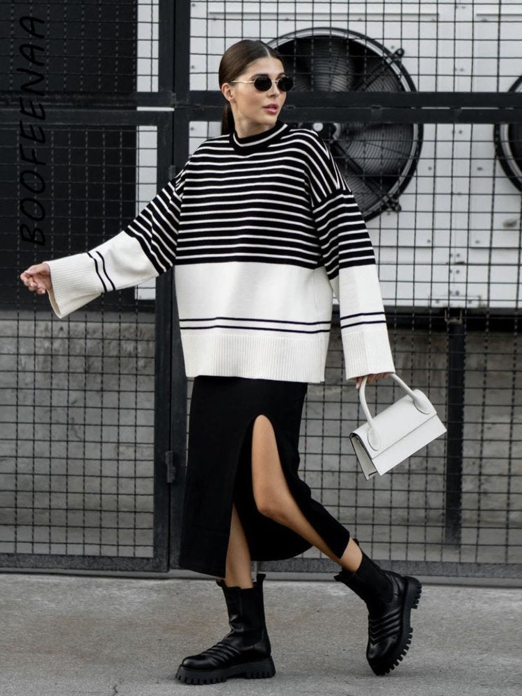 Mock Neck Striped Knitted Sweater