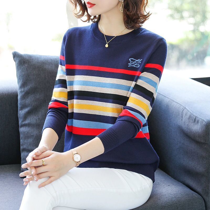 Embroidery Striped O-Neck Pullover