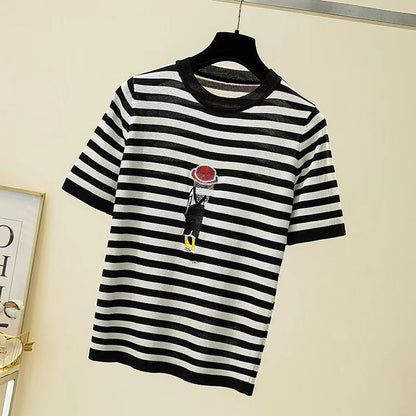 Embroidery Striped Knitted T Shirt