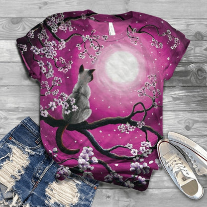 Women Short Sleeve 3D Cat Printed Tops