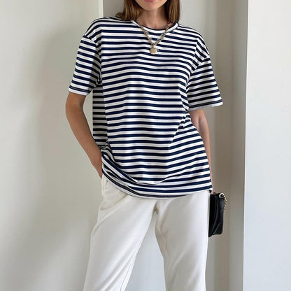 Short Sleeve Striped Women Casual Tops