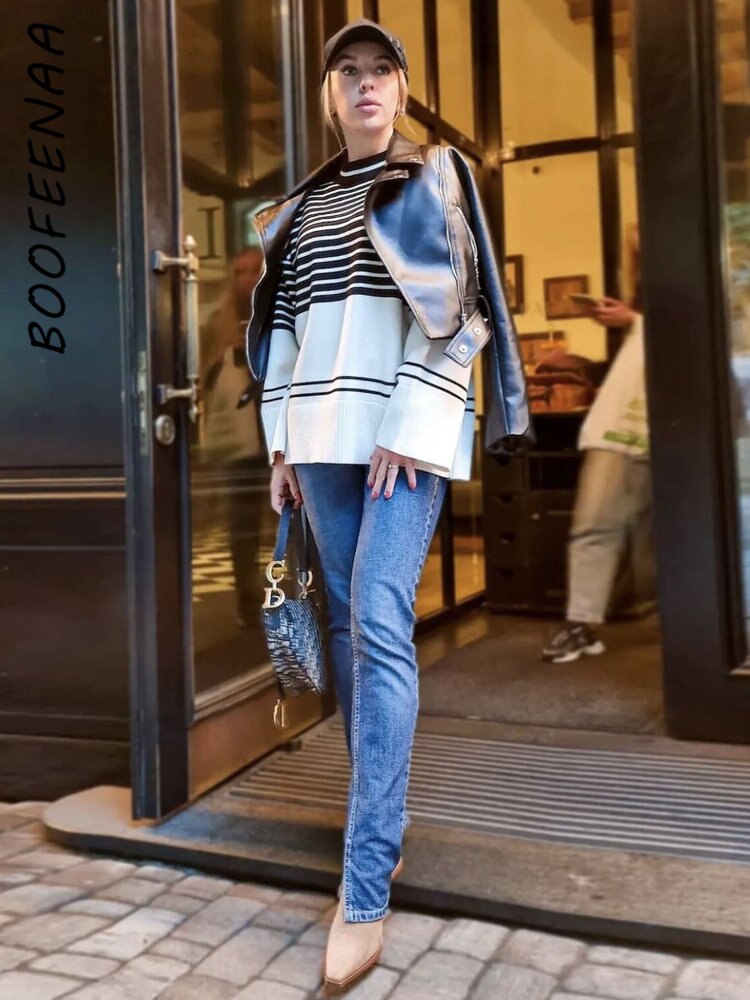 Mock Neck Striped Knitted Sweater