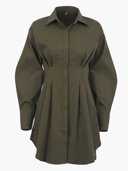 Women Khaki Long Sleeve Pleated Shirt Dress