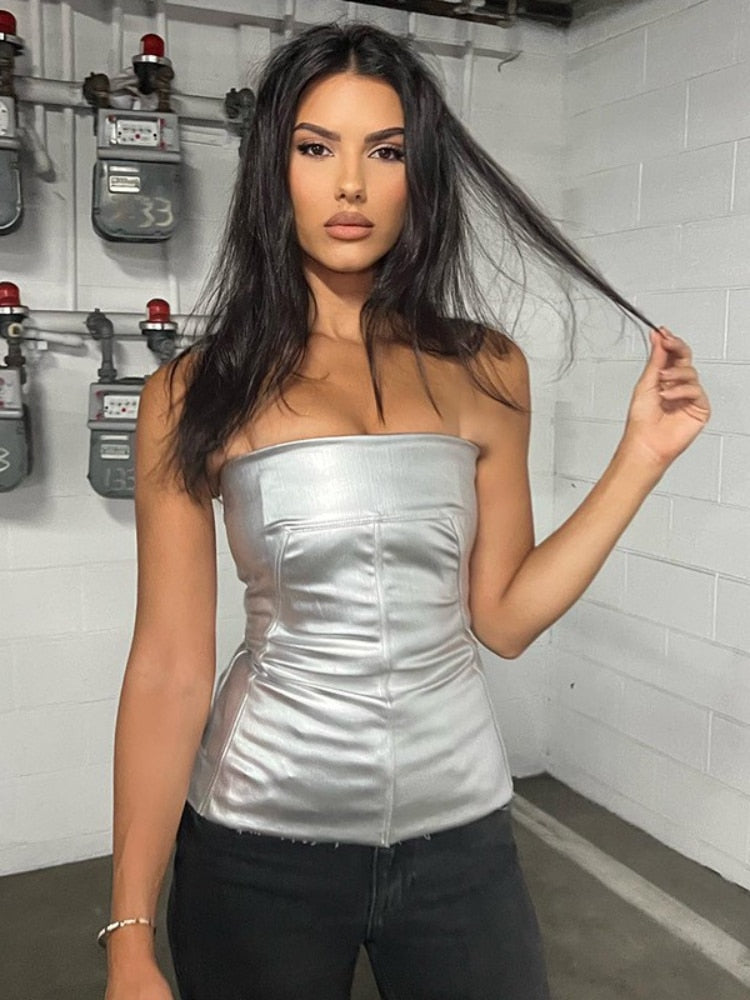 Metallic Silver Backless Tube Top