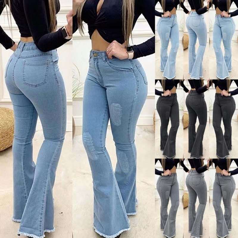 High Waist Stretch Ripped Flare Pants