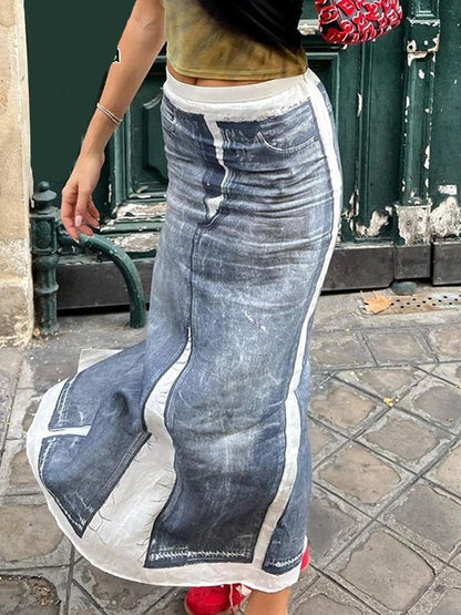 Fashion Denim Print Long Skirt