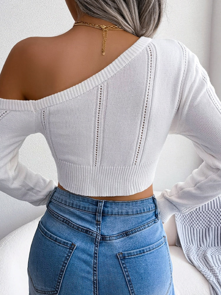 Sexy Knitted One Shoulder Crop Top