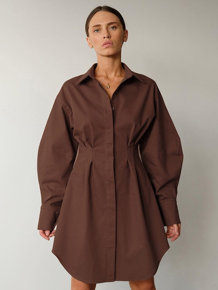 Women Khaki Long Sleeve Pleated Shirt Dress