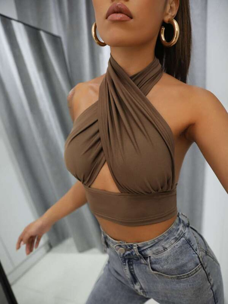 Emily in Paris Outfit Halter Neck Hollow Crop Top