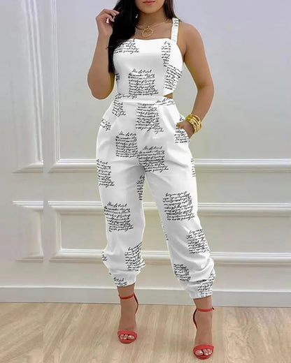 Print Hollow-out Backless Jumpsuit