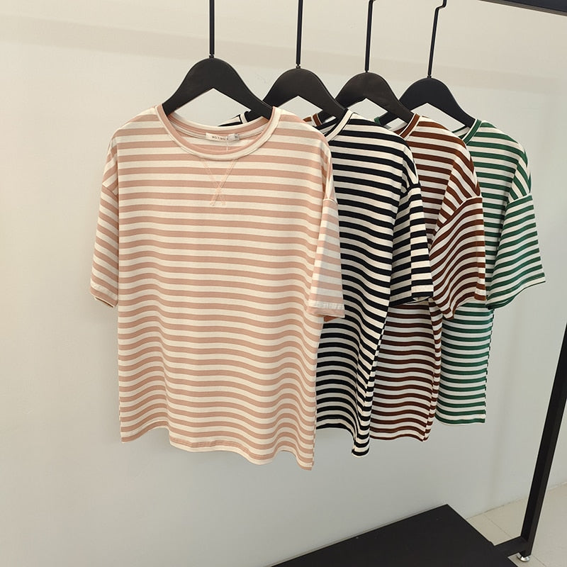 Short Sleeve Striped Women Casual Tops