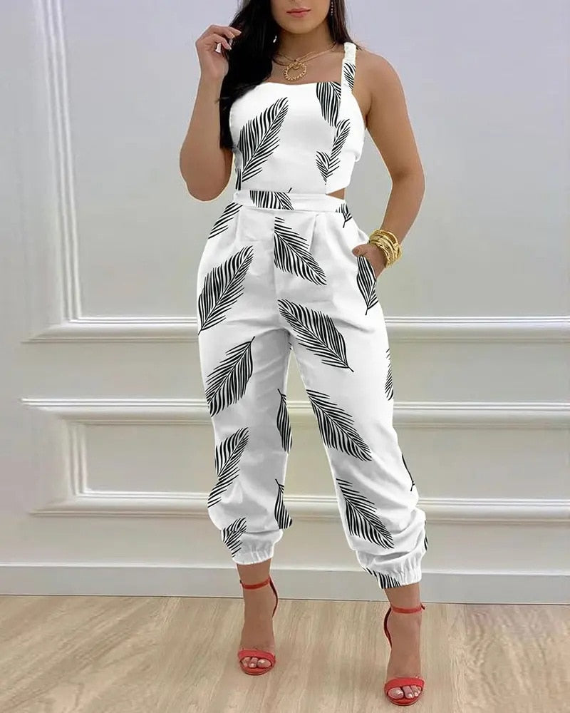 Print Hollow-out Backless Jumpsuit