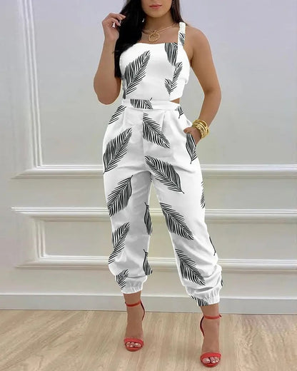 Print Hollow-out Backless Jumpsuit