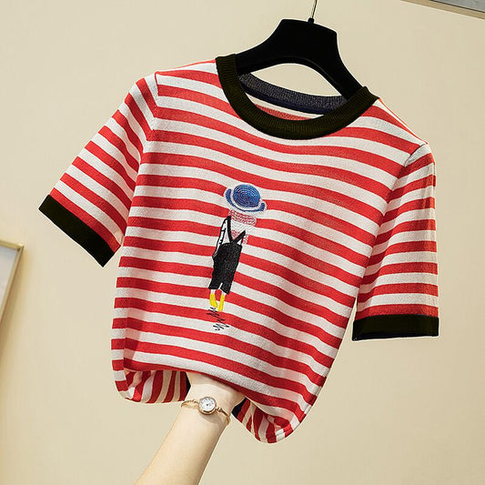 Embroidery Striped Knitted T Shirt