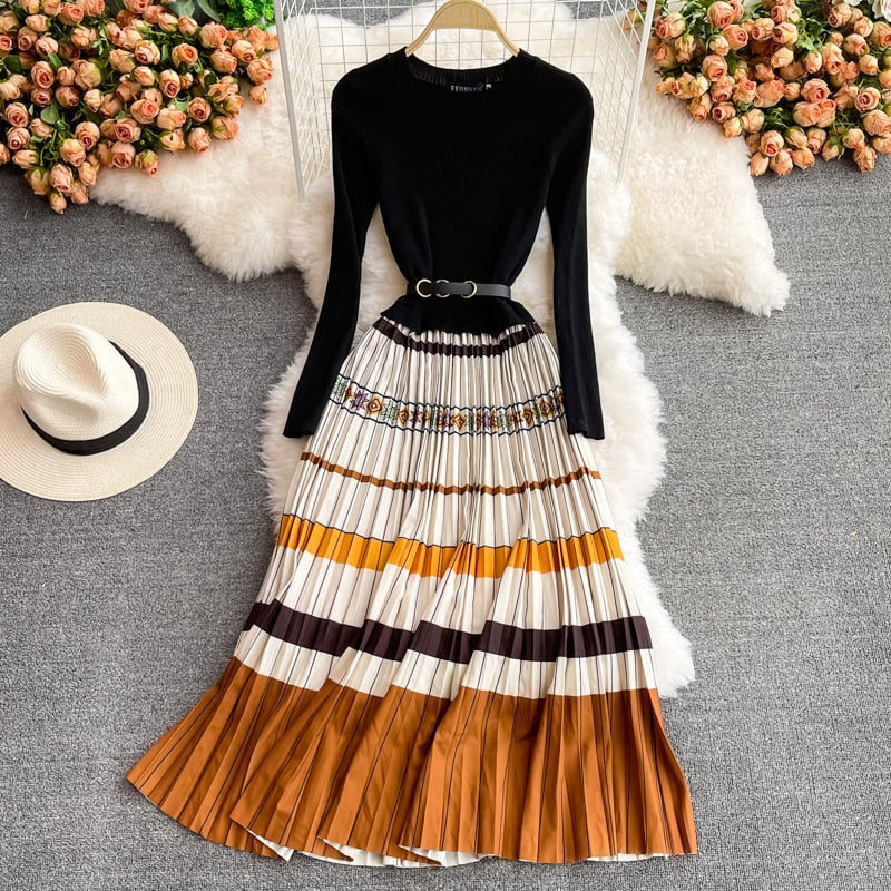 Elegant Knitted Patchwork Contrast Color Pleated Dress