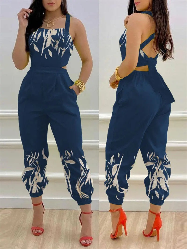 Print Hollow-out Backless Jumpsuit