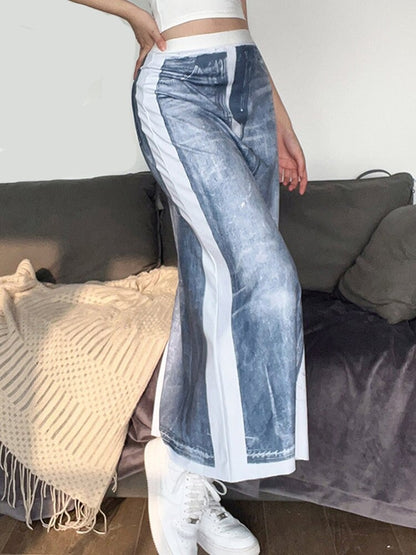 Fashion Denim Print Long Skirt