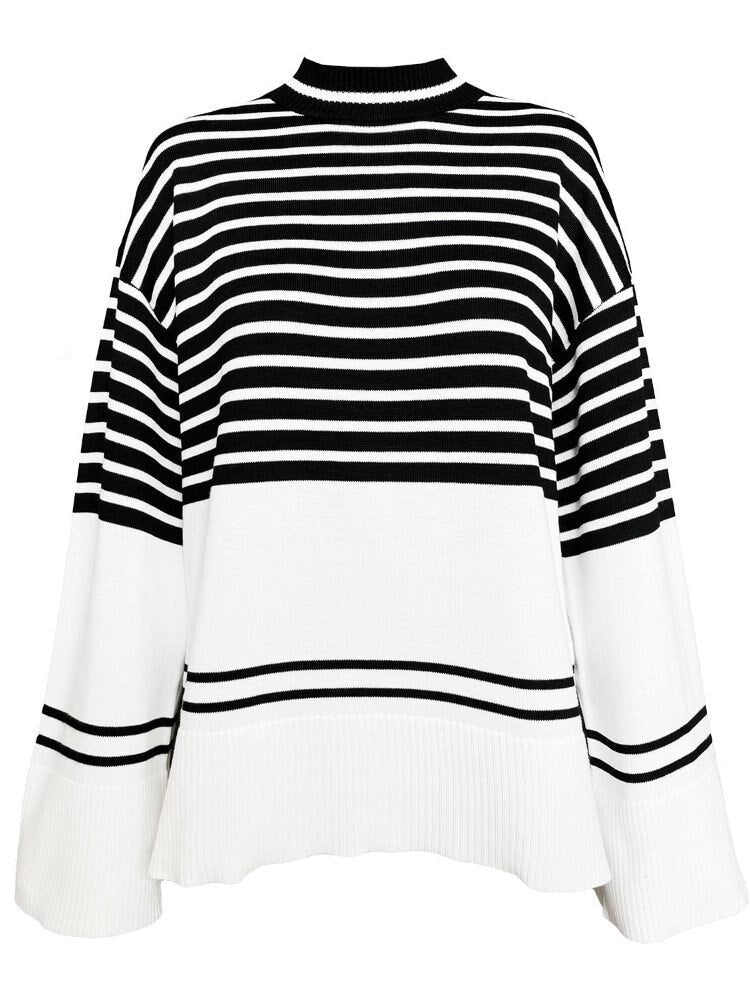 Mock Neck Striped Knitted Sweater