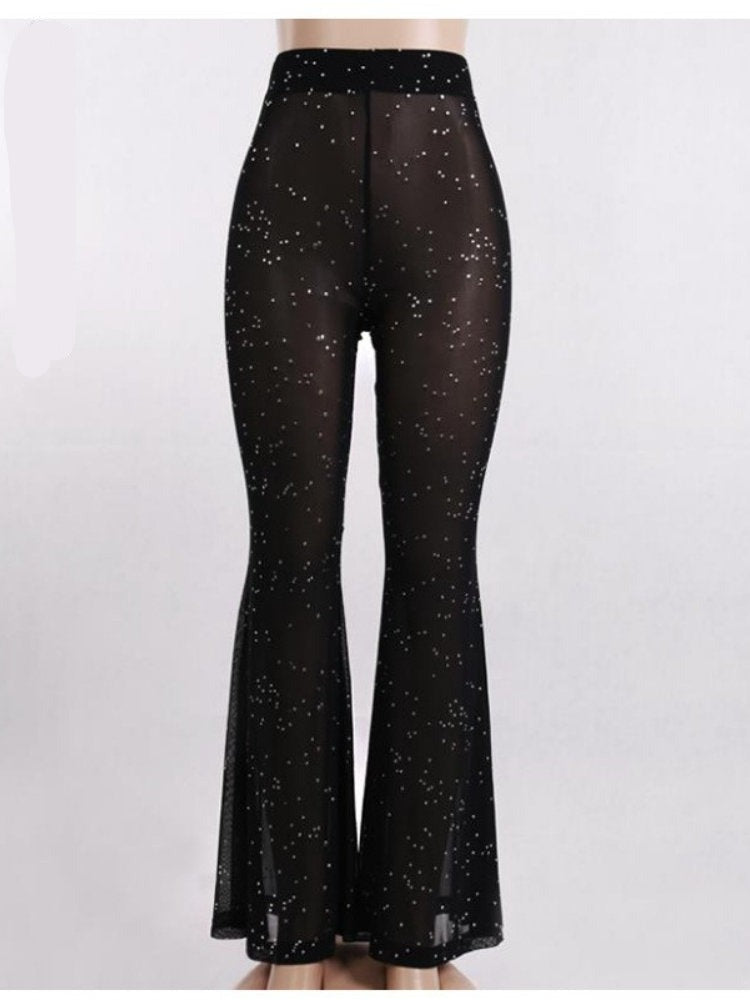 Sparkly Rhinestone Mesh Flare Pants