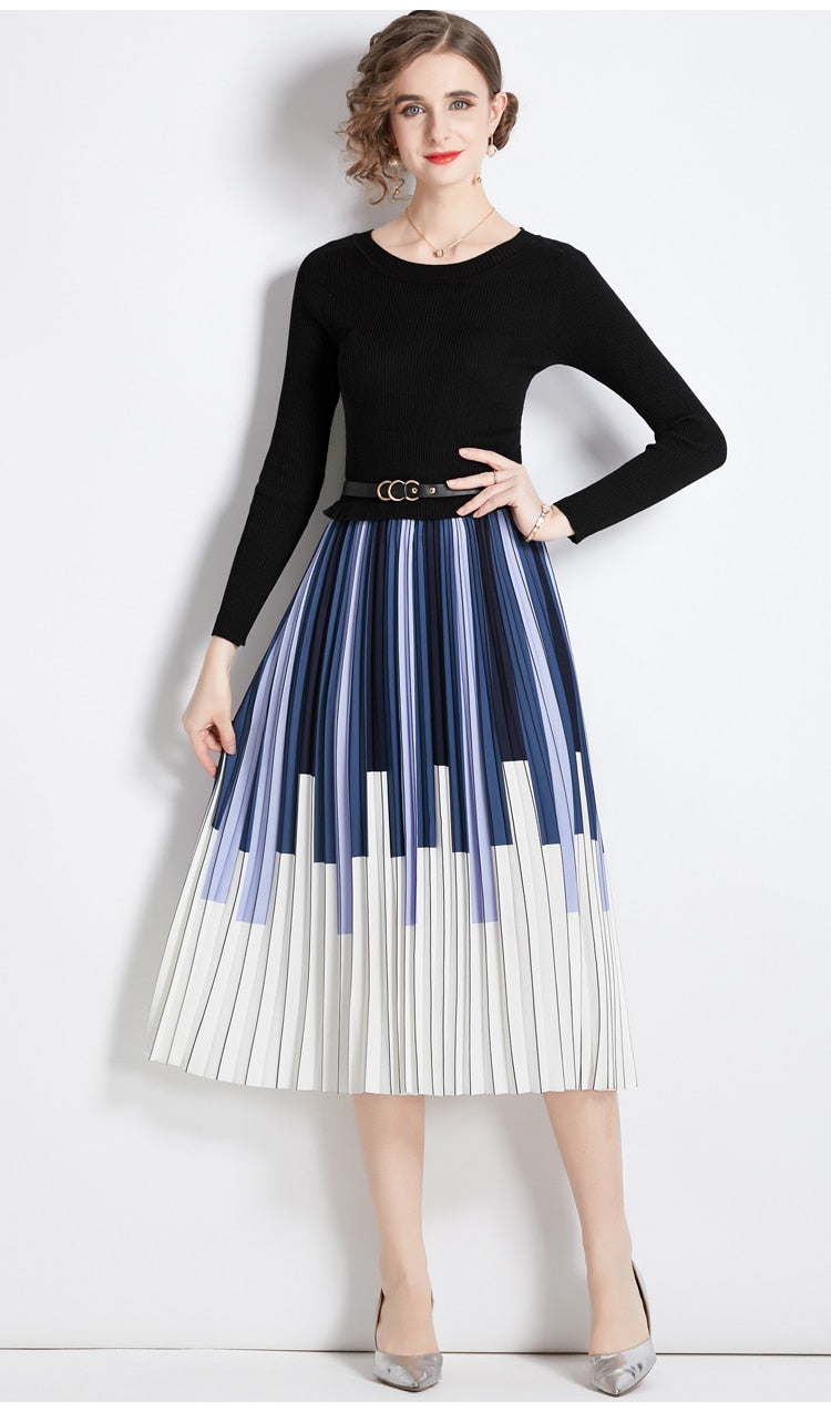 Elegant Knitted Patchwork Contrast Color Pleated Dress