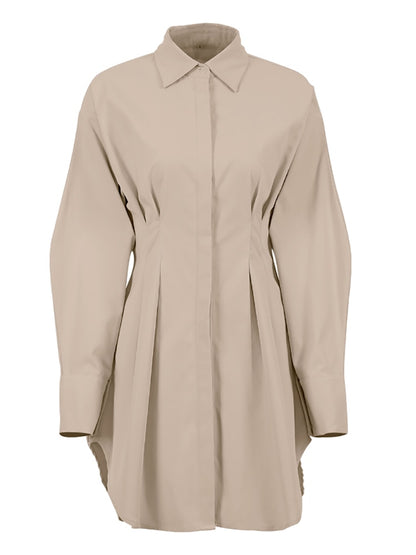 Women Khaki Long Sleeve Pleated Shirt Dress