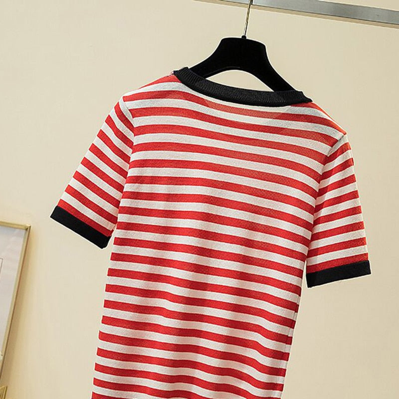 Embroidery Striped Knitted T Shirt
