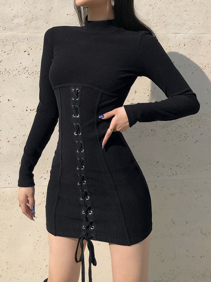 Tie Up Bandage Basic Long Sleeve Dresses