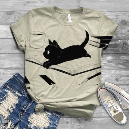 Women Short Sleeve 3D Cat Printed Tops