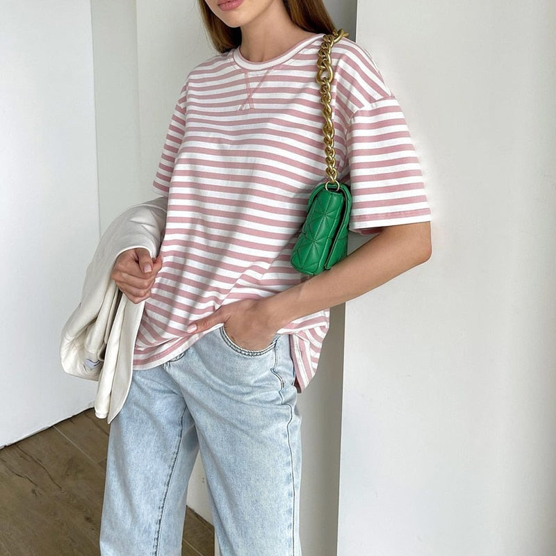 Short Sleeve Striped Women Casual Tops