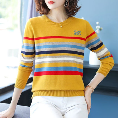 Embroidery Striped O-Neck Pullover