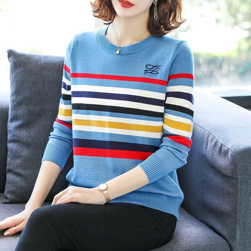Embroidery Striped O-Neck Pullover