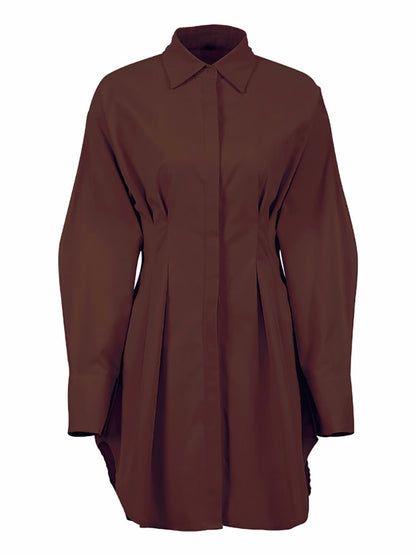 Women Khaki Long Sleeve Pleated Shirt Dress