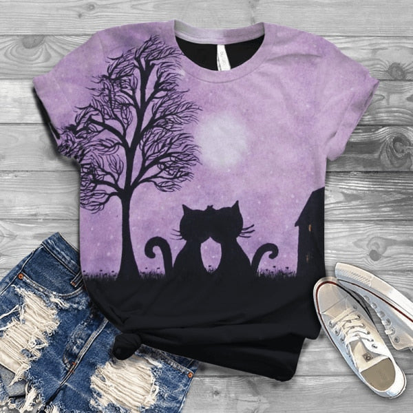 Women Short Sleeve 3D Cat Printed Tops