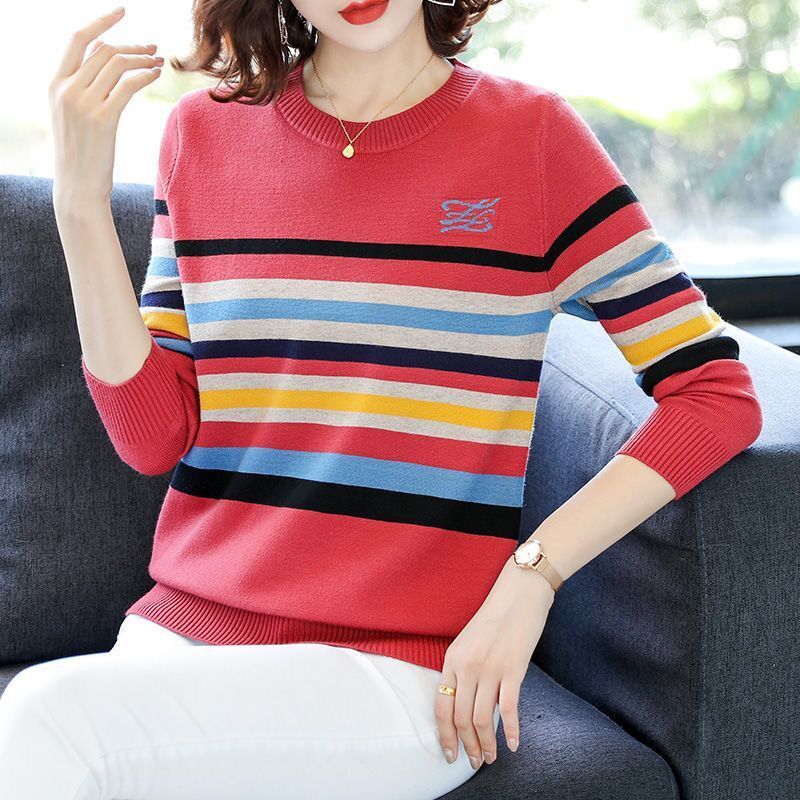 Embroidery Striped O-Neck Pullover