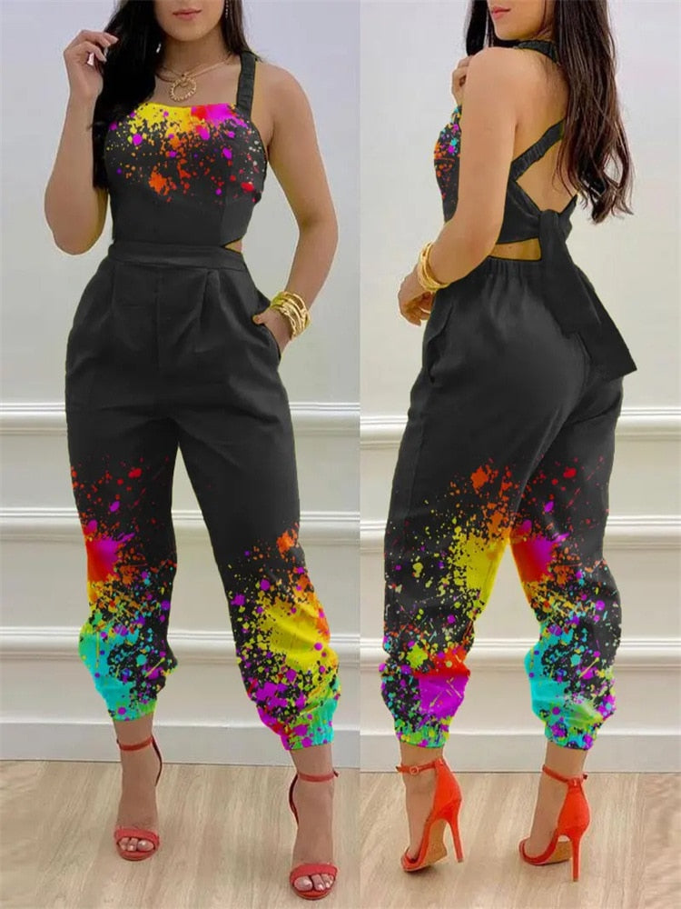 Print Hollow-out Backless Jumpsuit