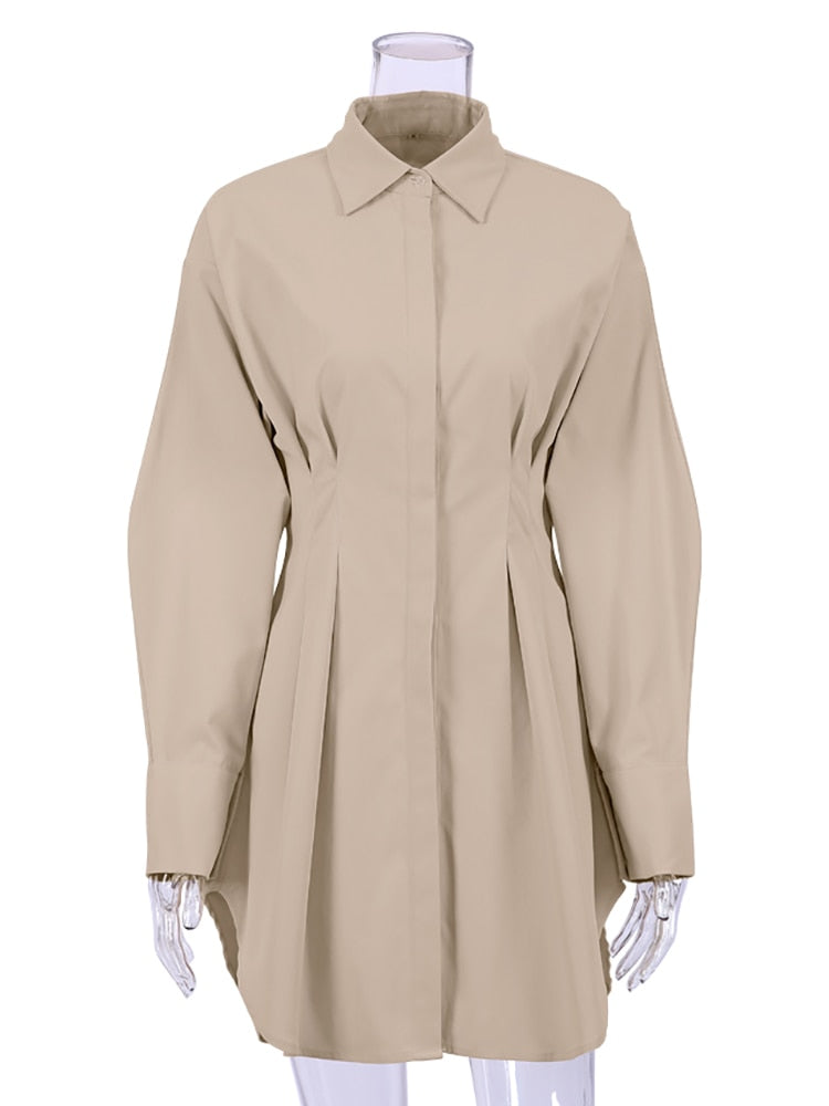 Women Khaki Long Sleeve Pleated Shirt Dress