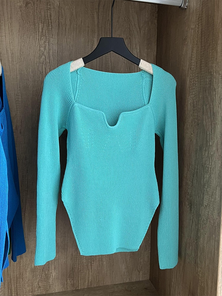 Square Collar Long Sleeve Woman Sweaters