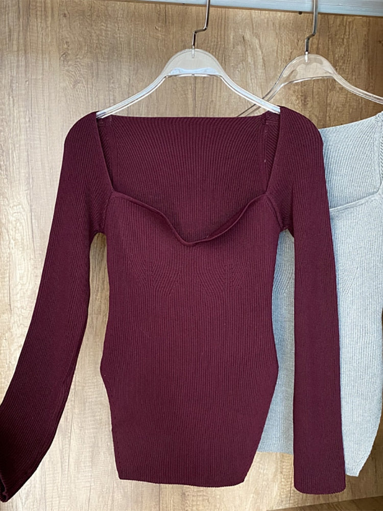 Square Collar Long Sleeve Woman Sweaters