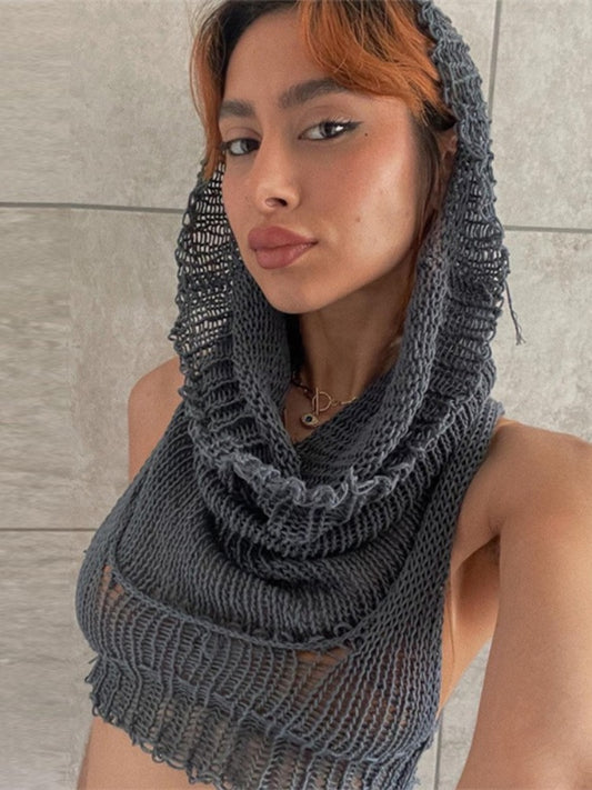 Sleeveless Hooded Knitted Sweater