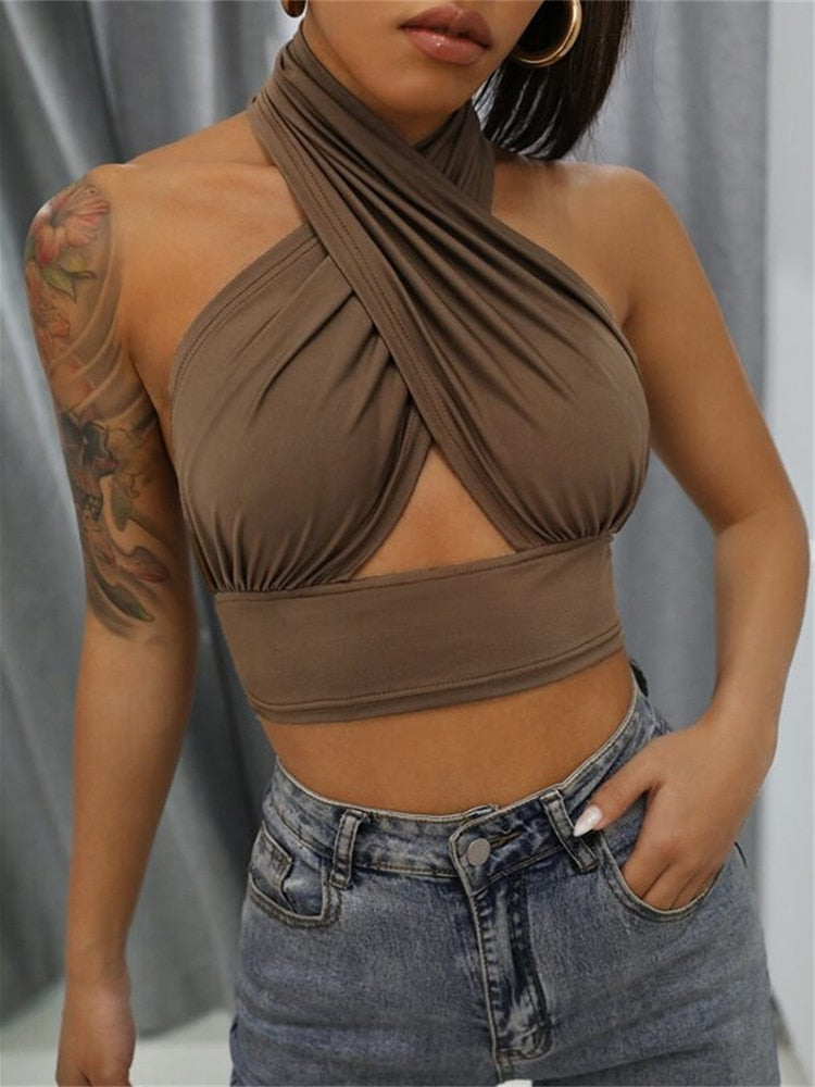 Emily in Paris Outfit Halter Neck Hollow Crop Top