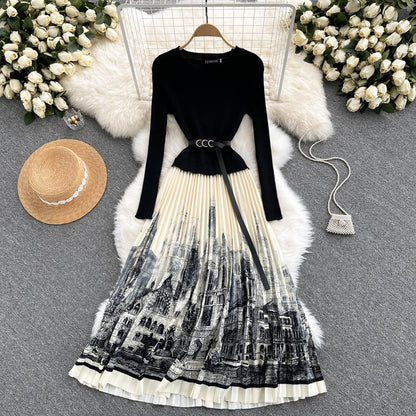 Elegant Knitted Patchwork Contrast Color Pleated Dress